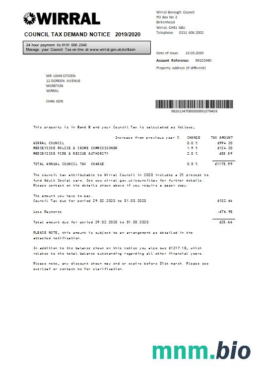Wielka Brytania Wirral council tax bill szablon w formacie Word i PDF